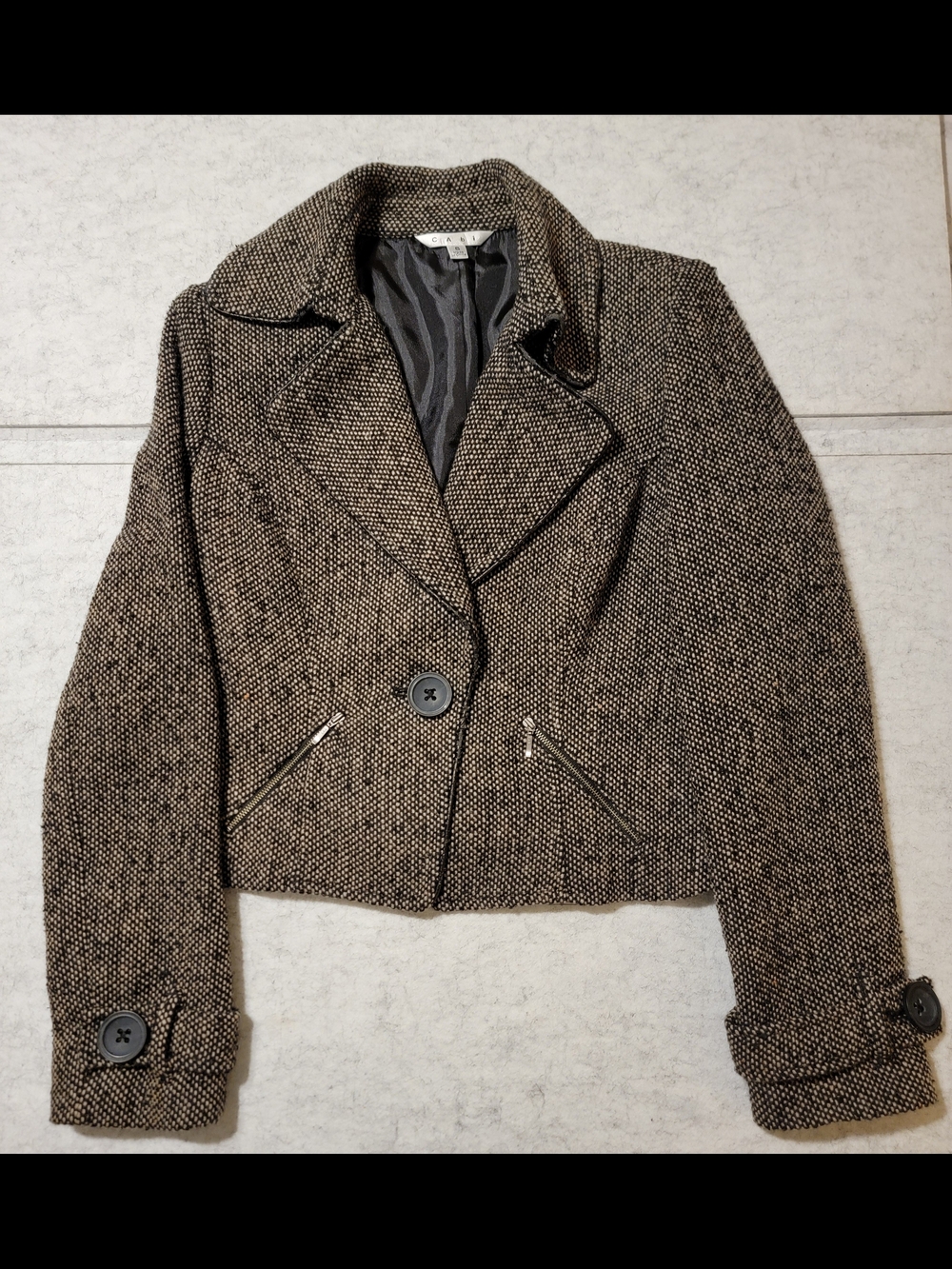 CABI Tweed Cropped Moto Blazer Jacket Brown Black Textured Size 6 Style 638